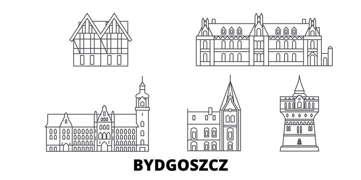 Poland, Bydgoszcz flat travel skyline set. Poland, Bydgoszcz black city vector panorama, illustration, travel sights, landmarks, streets.