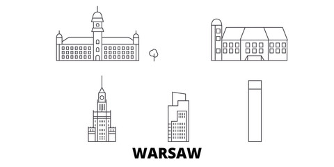 Fototapeta Poland, Warsaw City flat travel skyline set. Poland, Warsaw City black city vector panorama, illustration, travel sights, landmarks, streets. obraz