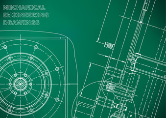 Blueprint, Sketch. Vector engineering illustration. Cover, flyer, banner, Light green background. Instrument-making drawings. Mechanical engineering drawing