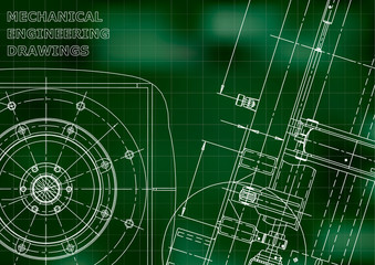 Blueprint, Sketch. Vector engineering illustration. Cover, flyer, banner, Green background. Grid. Instrument-making drawings. Mechanical engineering drawing