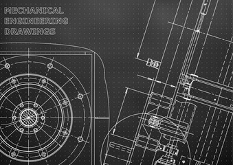 Blueprint, Sketch. Vector engineering illustration. Cover, flyer, banner, Black background. Points. Instrument-making drawings. Mechanical engineering drawing