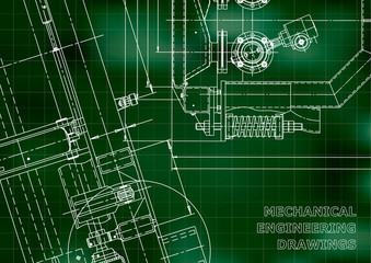 Blueprint. Vector engineering drawings. Mechanical instrument making. Technical Green background. Grid