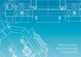 Computer aided design systems. Technical illustrations, backgrounds. Mechanical engineering drawing. Machine-building industry. Instrument-making drawings. Blue and white