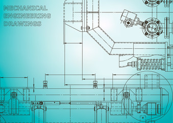 Computer aided design systems. Blueprint, scheme, plan, sketch. Technical illustrations, backgrounds. Mechanical engineering drawing. Machine-building industry. Light blue