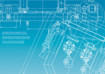 Computer aided design systems. Blueprint, scheme, plan, sketch. Technical illustrations, backgrounds. Mechanical engineering drawing. Machine-building industry. Instrument-making. Blue and white