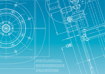 Obraz premium Blueprint. Vector engineering illustration. Cover, flyer, banner, background. Instrument-making drawings. Mechanical. Blue and white
