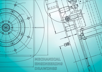 Blueprint. Vector engineering illustration. Cover, flyer, banner, background. Instrument-making drawings. Mechanical. Light blue