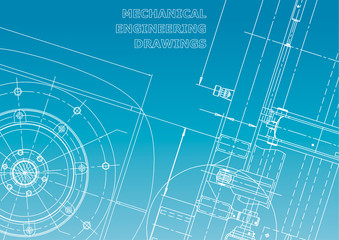 Obraz premium Blueprint. Vector engineering illustration. Cover, flyer, banner, background. Instrument-making drawings. Mechanical engineering drawing. Technical illustrations. Blue and white