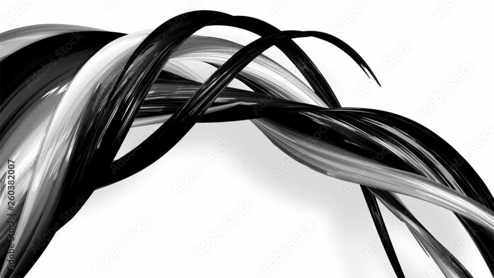 Poster 3d looped animation of abstract black-white ribbons twisting and move around with glitter in the lig