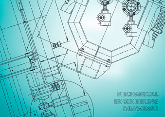 Blueprint. Vector engineering drawings. Mechanical instrument making. Light blue
