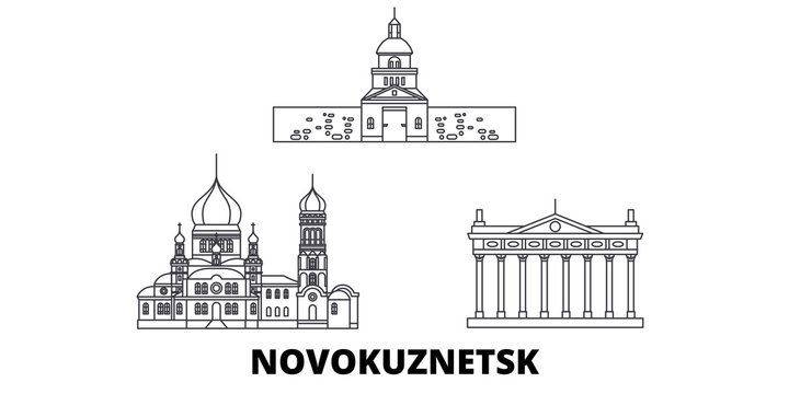 Russia, Novokuznetsk flat travel skyline set. Russia, Novokuznetsk black city vector panorama, illustration, travel sights, landmarks, streets.