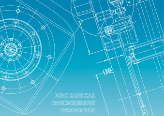 Blueprint, Sketch. Vector engineering illustration. Cover, flyer, banner, background. Instrument-making. Blue and white