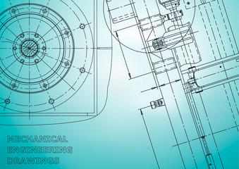Blueprint, Sketch. Vector engineering illustration. Cover, flyer, banner, background. Instrument-making drawings. Mechanical. Light blue
