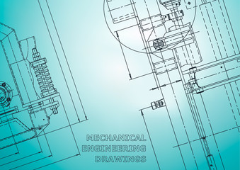 Blueprint, Sketch. Vector engineering illustration. Cover, flyer, banner, background. Instrument-making drawings. Mechanical engineering drawing. Technical. Light blue