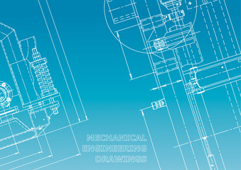 Blueprint, Sketch. Vector engineering illustration. Cover, flyer, banner, background. Instrument-making drawings. Mechanical engineering drawing. Technical. Blue and white