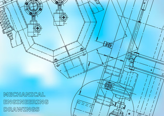 Blueprint, Sketch. Vector engineering illustration. Cover, flyer, banner, background. Instrument-making drawings. Mechanical engineering drawing. Technical illustrations, backgrounds. Scheme. Blue
