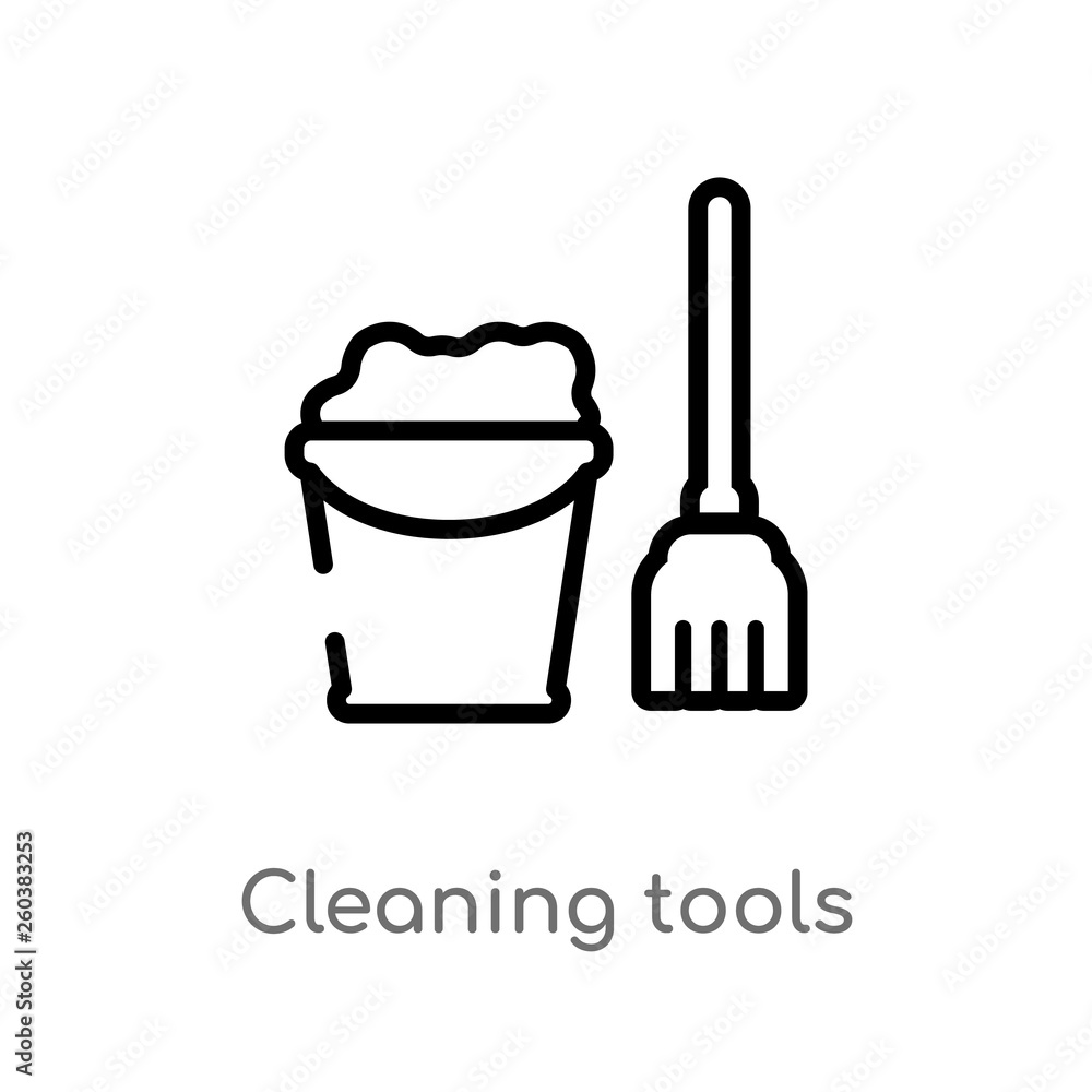 Poster outline cleaning tools vector icon. isolated black simple line element illustration from cleaning co