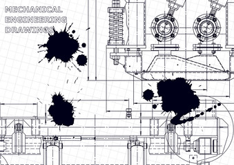 Technical abstract backgrounds. Vector engineering drawing. Black Ink. Blots. Mechanical instrument making