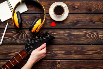 Song writer set with musician and DJ instruments wooden background top view space for text