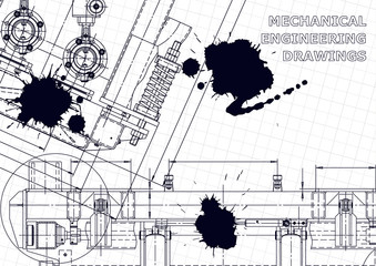 Mechanical instrument making. Technical illustration. Vector engineering drawings. Black Ink. Blots. Blueprint