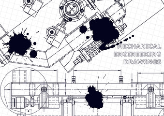 Mechanical instrument making. Technical illustration. Blueprint, cover, banner. Black Ink. Blots. Technical abstract background