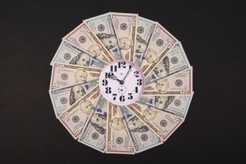 Concept of clock and dollar. Clock on mandala kaleidoscope from money. Abstract money background...