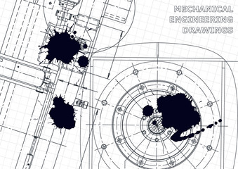 Cover, flyer. Vector engineering illustration. Blueprint, banner, background. Instrument-making drawings. Black Ink. Blots. Technical