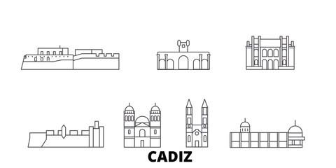 Spain, Cadiz flat travel skyline set. Spain, Cadiz black city vector panorama, illustration, travel sights, landmarks, streets. © iconsgraph