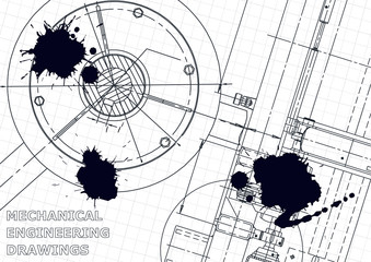 Cover, flyer, banner. Vector engineering illustration. Blueprint, background. Instrument-making drawings. Black Ink. Blots. Technical illustrations