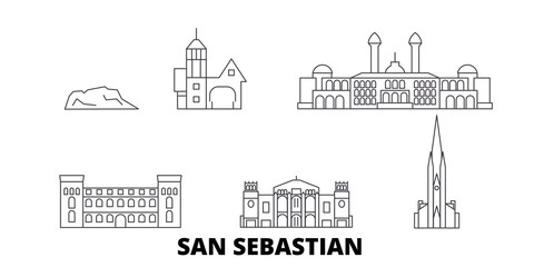 Fototapeta premium Hiszpania, zestaw panoramę płaskich podróży San Sebastian. Hiszpania, czarna panorama wektor miasta San Sebastian, ilustracja, zabytki turystyczne, zabytki, ulice.