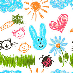 Cute stylish seamless pattern. Draw pictures, doodle. Beautiful and bright design. Interesting images for backgrounds, textiles, tapestries. The sun, clouds, flowers, hare