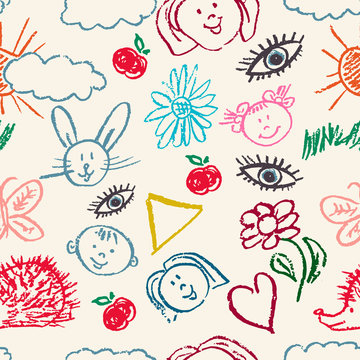 Seamless pattern. Draw pictures, doodle. Beautiful and bright design. Interesting images for backgrounds, textiles, tapestries. Flowers, clouds, sun, hedgehog, hare