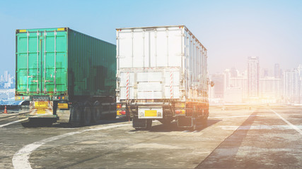 White Truck on highway road with green  container, transportation concept.,import,export logistic industrial Transporting Land transport on the asphalt expressway