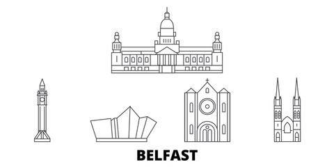 United Kingdom, Belfast flat travel skyline set. United Kingdom, Belfast black city vector panorama, illustration, travel sights, landmarks, streets. - obrazy, fototapety, plakaty