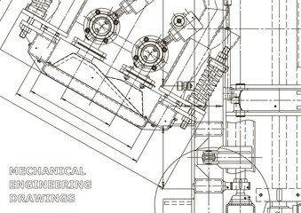 Machine-building industry. Instrument-making drawings. Computer aided design systems. Technical illustrations, background