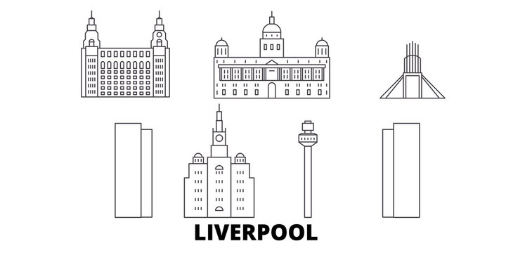 United Kingdom, Liverpool flat travel skyline set. United Kingdom, Liverpool black city vector panorama, illustration, travel sights, landmarks, streets.