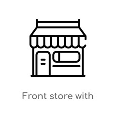 outline front store with awning vector icon. isolated black simple line element illustration from commerce concept. editable vector stroke front store with awning icon on white background