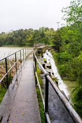 Fototapeta na wymiar The dam at Searsville Lake located in Jasper Ridge Biological Preserve on a rainy day, San Francisco bay area, California