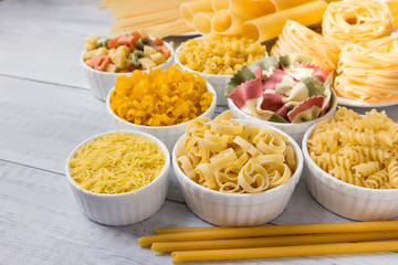 Different of types and shapes of dry Italian  of pasta.