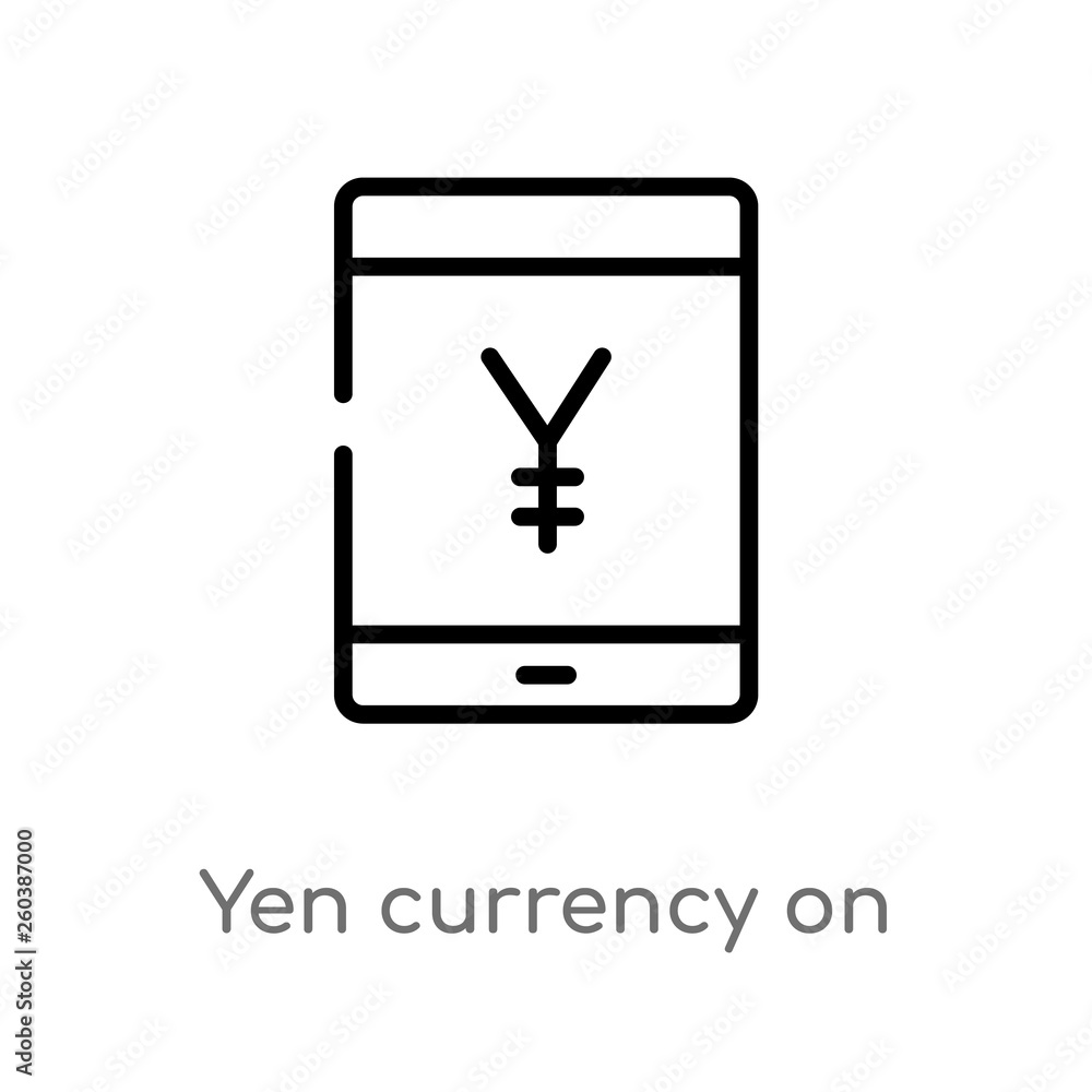 Aufkleber outline yen currency on tablet screen vector icon. isolated black simple line element illustration f