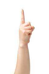 Woman hand showing forefinger up and number one sign in a white isolated background