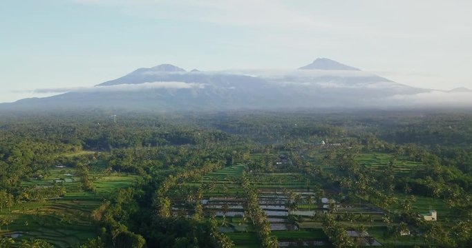 An aerial view at sunrise of the volcano Mount Rinjani in Lombok, Indonesia