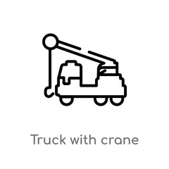 outline truck with crane vector icon. isolated black simple line element illustration from construction concept. editable vector stroke truck with crane icon on white background