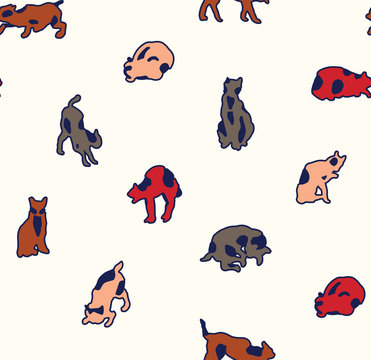 Cute cartoon minimalist cats in different positions. Seamless pattern ready to use, with white background. Hand drawn background kittens for fashion, textile, wrapping paper and wallpaper