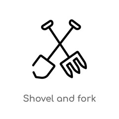 outline shovel and fork vector icon. isolated black simple line element illustration from construction and tools concept. editable vector stroke shovel and fork icon on white background