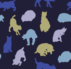 Simple silhouette cats in different positions. Seamless pattern ready to use, with blue background. Hand drawn background kittens for fashion, textile, wrapping paper and wallpaper