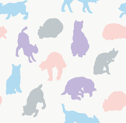 Simple silhouette cats in different positions. Seamless pattern ready to use, with white background. Hand drawn background kittens for fashion, textile, wrapping paper and wallpaper