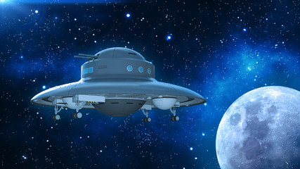 Retro UFO Spaceship, flying saucer in deep space, vintage spacecraft flying in the Universe with planet and stars, bottom view, 3D rendering