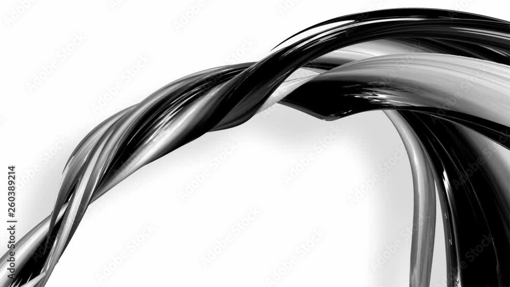 Poster 3d looped animation of abstract black-white ribbons twisting and move around with glitter in the lig