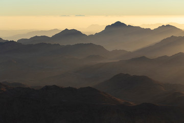 Obraz premium Egypt. Mount Sinai in the morning at sunrise. (Mount Horeb, Gabal Musa, Moses Mount). Pilgrimage place and famous touristic destination.